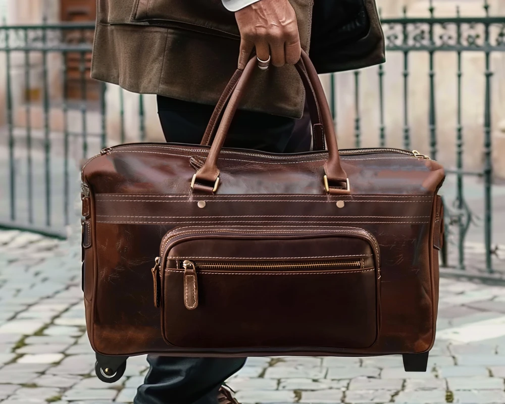 leather rolling carry on bag